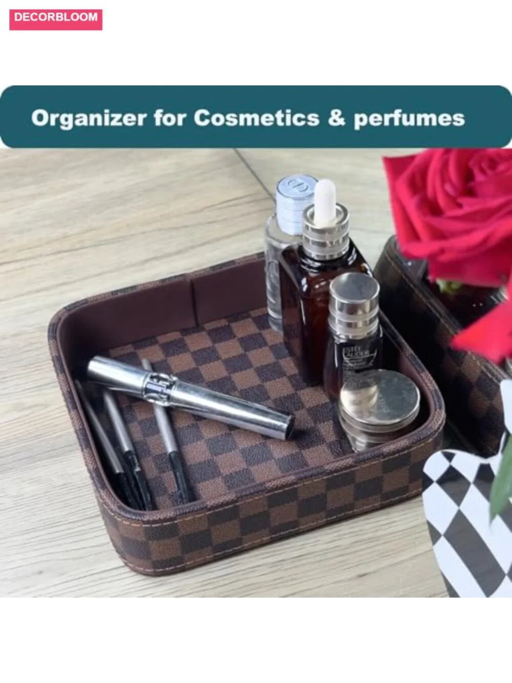 Leather Valet Tray Solid Wood Inside Key Catch All Dish Organizer for Desk